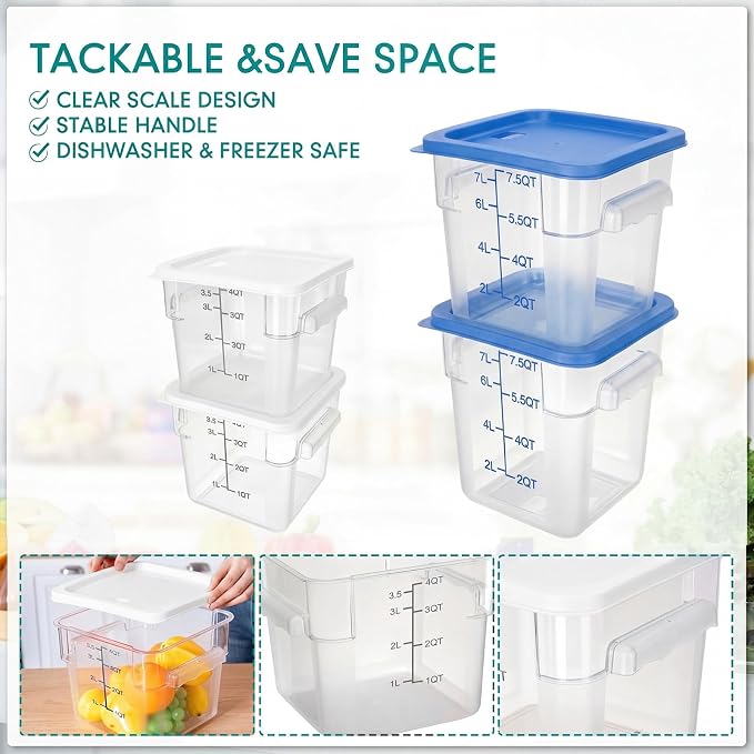 Lallisa 4 Pcs 8qt & 4qt Clear Food Storage Containers with Lids Handles and Scales, Stackable Plastic Square Food Storage Containers for Dough Proofing Baking Kitchen Restaurant(White, Blue) - Image 3