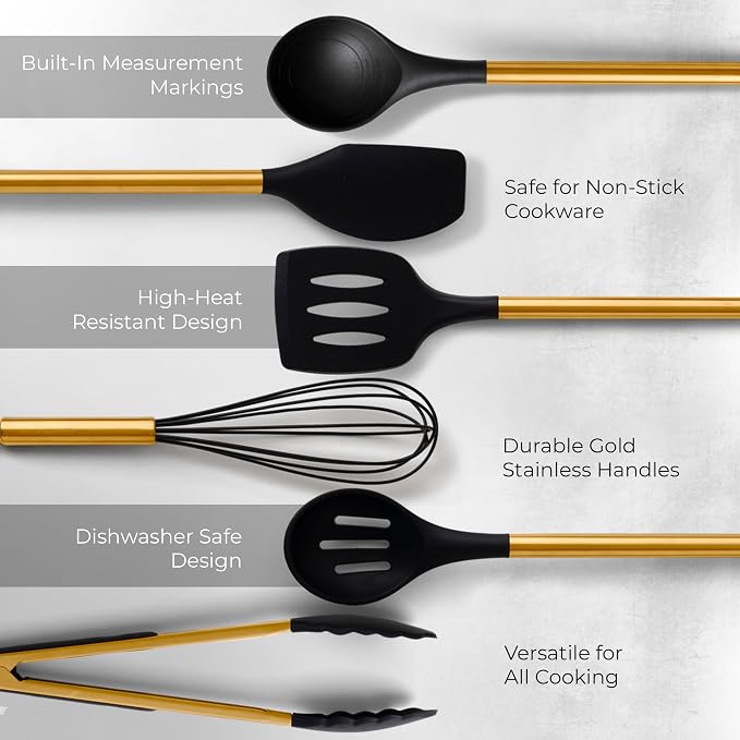 Styled Settings Black and Gold Kitchen Utensils Set with Holder, 8-Piece | Heat Resistant, Nonstick, Black Silicone Cooking Utensils Set, Ceramic Utensil Holder & Stackable Gold Spoon Rest - Image 7