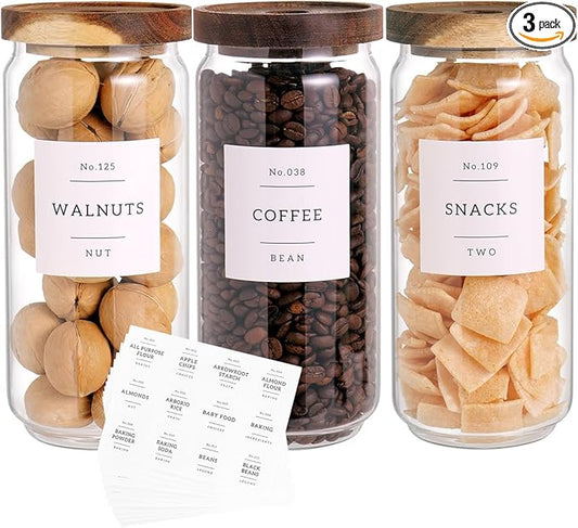 CZZGSM 3 Set Glass Pantry Storage Jars with Acacia Airtight Lid - 35oz Thicken Glass Kitchen Canisters with 132 Pantry Labels - Clear Food Storage Containers with Wood Lid for Tea,Sugar,Cookie,Pasta by CZZGSM
