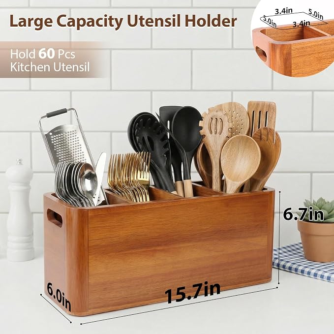 Kitchen Utensil Holder for Counter and Countertop, Acacia Utensil Organizer with 3 Pcs Wooden Spoon Set, Large Drying Holder for Kitchen, 4-Compartment Storage for Cooking Utensils, Kitchen Decor - Image 2