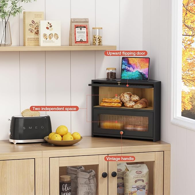 Goozii Corner Bread Box for Kitchen Countertop, Double Layer Large Breadbox for Counter Top, 2 Tier Roll Up Vintage Farmhouse Homemade Bread Storage Container Holder Keeper for Cabinet (Black) - Image 5
