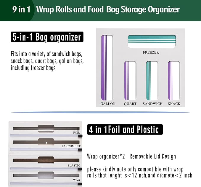 9 In 1 Storage Bag Organizer And Plastic Wrap Dispenser With Cutter, Bamboo Foil and Plastic Wrap Organizer - Image 4