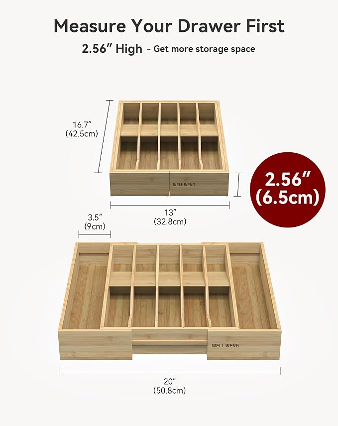 Expandable Utensil Drawer Organizer for Silverware,Bamboo 12 Slot | V-Groove & Anti-Slip Blocks, Vertical Storage,16.7" D x 13”-20" Wx 2.56" H, Cutlery Holder Dividers for Spoons Forks Knives - Image 2