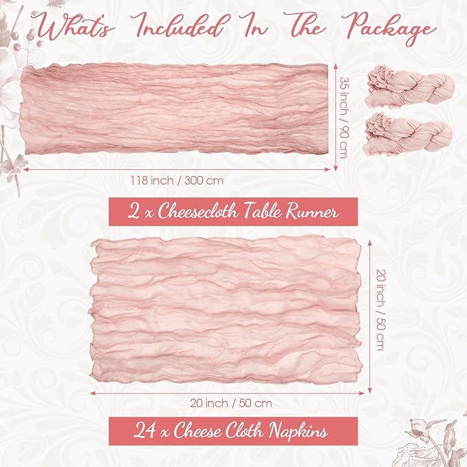 2 Cheesecloth Table Runners and 24 Napkins Set, 10Ft Boho Cheese Cloth Table Runners 20 x 20 Inch Rustic Wrinkled Gauze Napkins for Wedding Birthday Baby Shower Party Decor (Dusty Pink) - Image 2