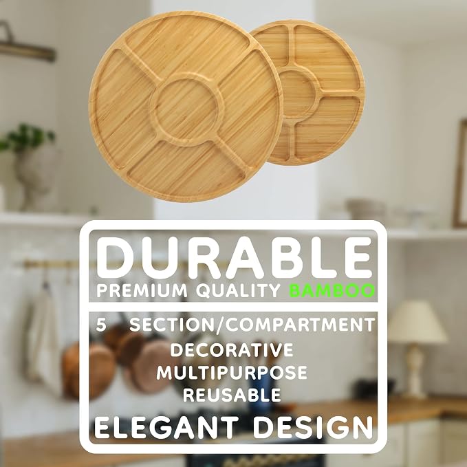 BambooMN Natural 12" Bamboo Round 5 Compartment Serving Tray/Platter, Charcuterie Board, Perfect for Snacks, Party Platter, Appetizers - 1 Tray - Image 6