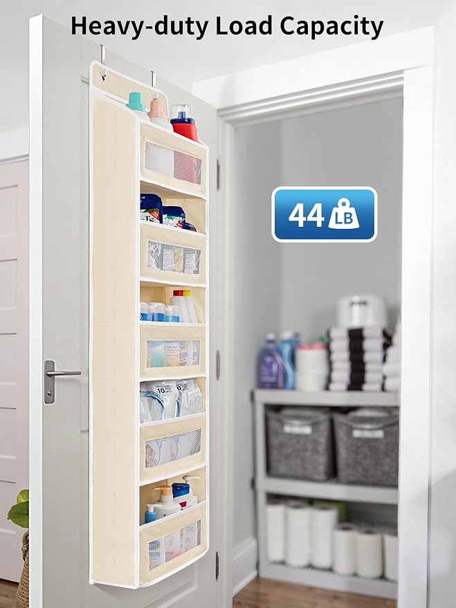 JARLINK Over the Door Organizer for Bedroom, Pantry Bathroom, 5 Shelf Beige | Anti-Tilt Design, 44 lb Load Capacity, Hanging Door Organizer with 5 Large Capacity Pockets, Behind Door Storage for Nursery - Image 6