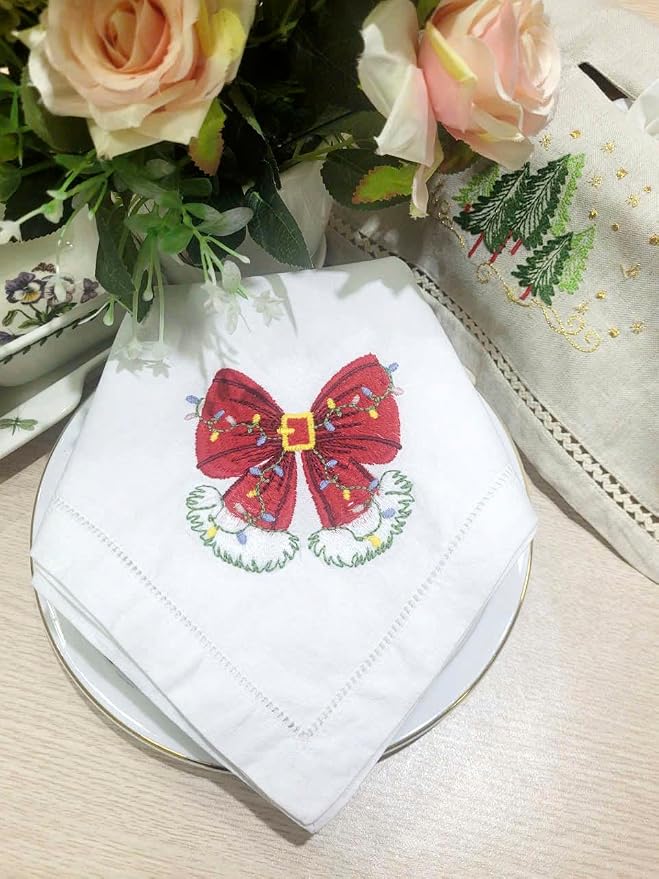 Embroidered Cloth Napkin Red Bow Christmas Cotton Napkins Set of 6, 20x20 Hemstitch Table Napkins, Machine Washable, Daily & Holidays, Great Gift Ideas - Image 3