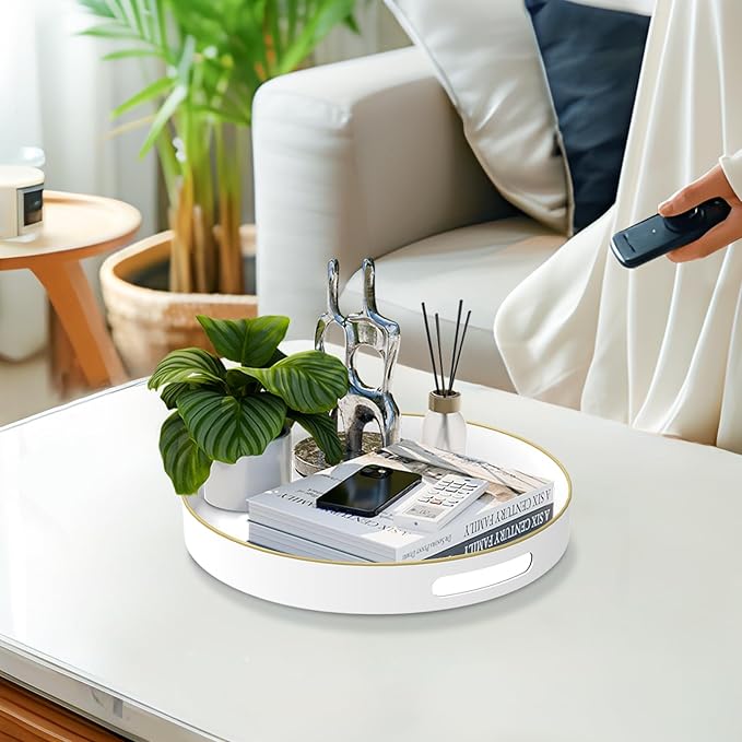 13" White Decorative Tray, Plastic Round Serving Tray with Handles | Decorative Tray for Coffee Table, Modern Ottoman Tray, Circle Tea Tray, Round Melamine Tray for Living Room, Bathroom - Image 5