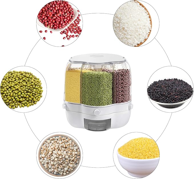 360° Rotating Grain Dispenser With 6 Grids, 13.2lbs Large Capacity Grain Dispenser Rotating Kitchen Storage Containers With Sealed Lid For Peanut Barley Millet And Cereal (White, 17.6 lbs) - Image 5