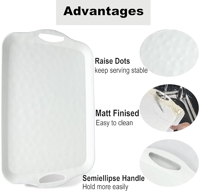 ECOIOU Extra Large Serving Tray with Handles, 20x13 inch, Set of 2 Melamine Platters for Serving Food, Turkey, Cookie, Rectangular Trays for Eating, Raised Dots Matt Finished, Dishwasher Safe, White - Image 4