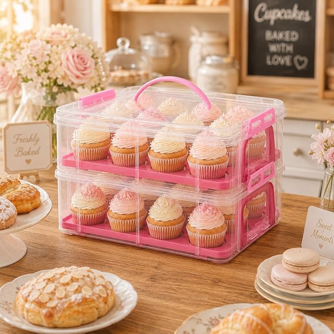Cupcake Carrier Stackable Storage Container Collapsible Cake Carrier with Lid and Handle, with 50 PCS Cupcake liners,Reusable Plastic Dessert Travel Container,Transport Box (24 Cupcakes Pink) - Image 2