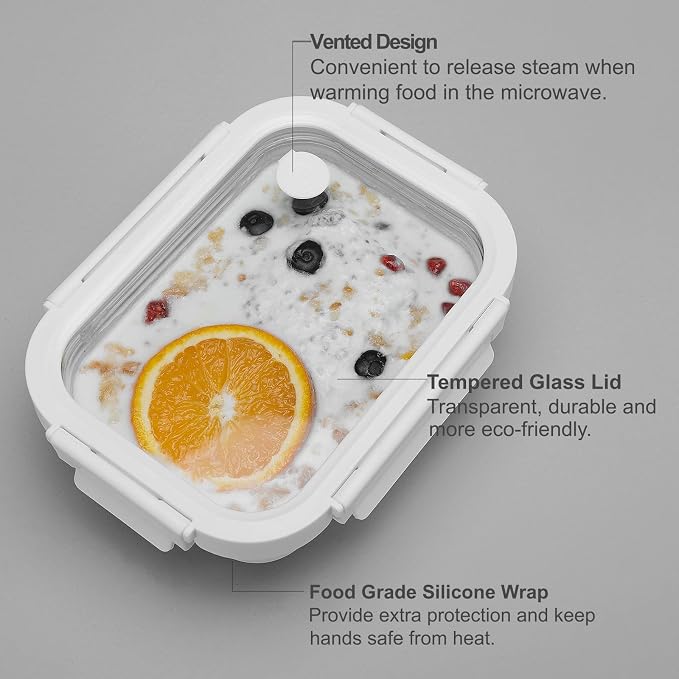 Glass Food Storage Meal Prep Containers - Food Grade Silicone Wrap & Air Release Vent, Rectangular shape - 8 Pc Set (4 Containers - 4 Matching Lids) - Image 6