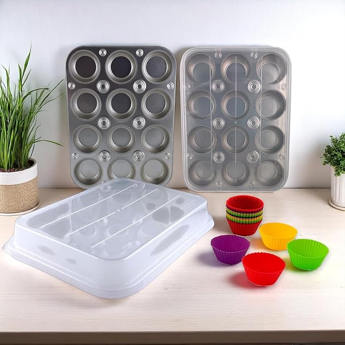 G&S Design Set of Two 12-Cup Muffin Pans with Locking Carrier Lids and 24 Silicone Liners - Image 2