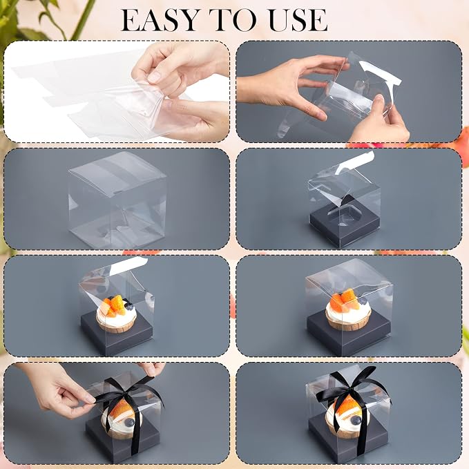96 Pieces Individual Cupcake Boxes Single Cupcake Container Clear Cupcake Carrier Plastic Cupcake Storage Cupcake Holder with Ribbon and Insert for Wedding Birthday Party Favor, 3.5 x 3.5 x 3.5(Black) - Image 4