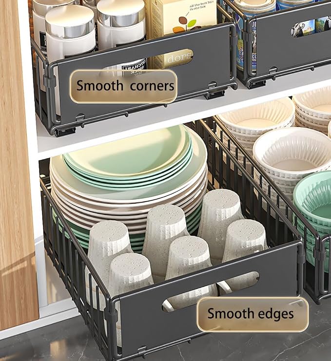 YunNasi Pull Out Cabinet Organizer, Black, 2Piece 9.8" W X15 D X3.9 H | Slide Out Drawer Storage Shelves, Cupboard Organiser, Sliding Cabinet Basket for Kitchen, No Drilling and Nailing - Image 3
