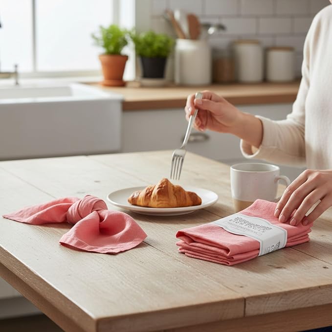 Linen Napkins –100% French Flax – Stonewashed Pure Linen Cloth Napkins - Size 18 Inch x 18 Inch – Set of 4 (Sunset Pink) - Image 4