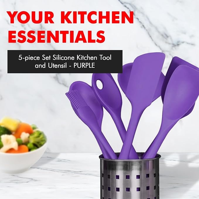 Chef Craft Premium Silicone Kitchen Tool and Utensil Set, 5 Piece, Purple - Image 2