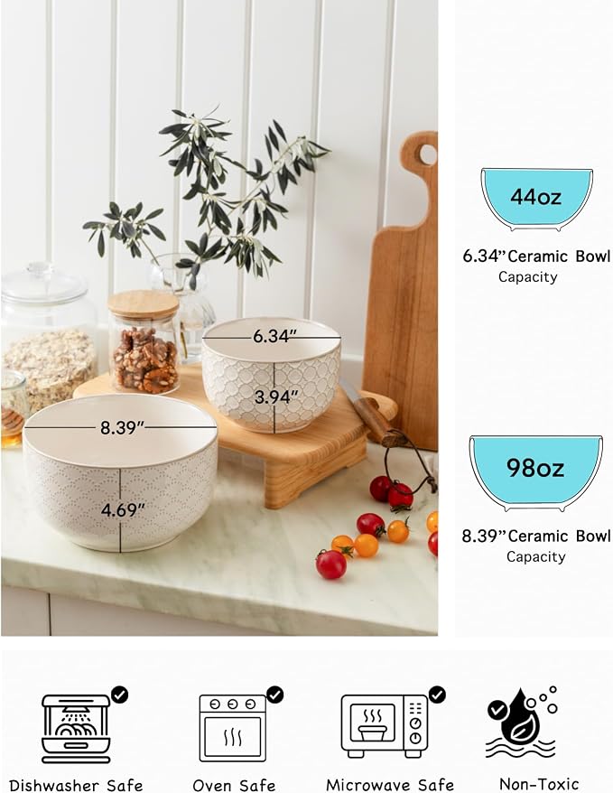 Mikiegy Ceramic Mixing Bowls Set of 2, Nesting Ceramic Embossment Stoneware Mixing Bowls for Cooking, Serving, Popcorn, Salad etc, Microwave & Dishwasher Safe, 44/98 oz, Off-White - Image 5