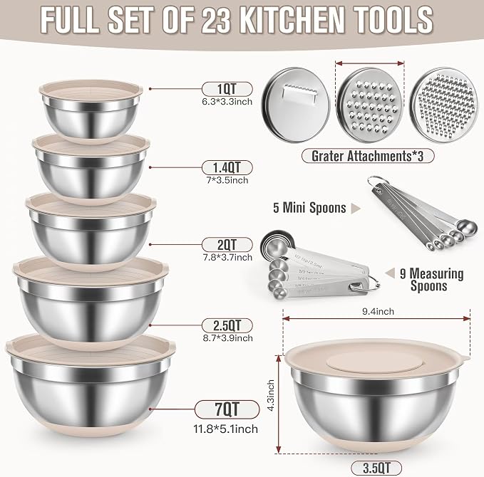 7QT 23PCS Mixing Bowls with Airtight Lid Set, Stainless Steel Nesting Bowls with 3 Graters, Non-Slip Base, Large Prep Bowls 7, 3.5, 2.5, 2, 1.4, 1QT & 14 Measuring Spoons Great for Baking, Serving - Image 2
