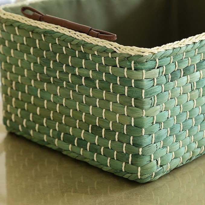 Basket Woven Maize Straw Storage with Handle, Kingwillow(Rectangular,Green Small:12.60"Lx8.66"Wx5.51"H) - Image 4