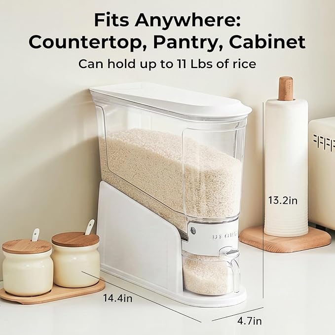 UFORU Slim Rice Dispenser 11 LB,Clear Rice Storage for Small Spaces | White,BPA-Free Sealed Design for Rice, Grain and Cereal,Rice Container Fits Narrow Pantry Shelves and Countertops - Image 2
