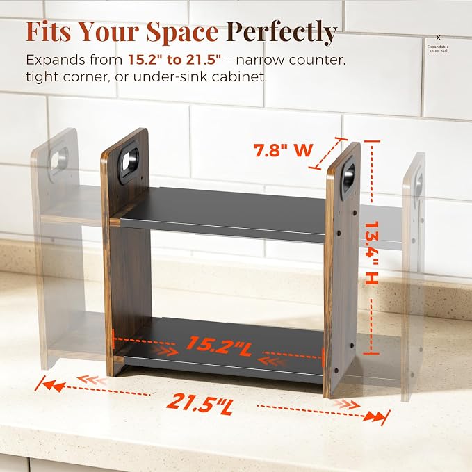 2-Tier Expandable Spice Rack Organizer for Countertop,15.2"-21.5" | Metal & Wood ,Adjustable Height Spice Racks Shelf for Counter Cabinet Coffee Station, Space-saving Kitchen Storage Shelves - Image 2