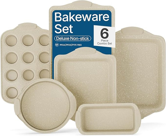 6-Piece Deluxe Nonstick Baking Pan Set - Professional Grade Carbon Steel Bakeware with White Marble Coating & Silicone Handles by BAKK%C3%8BNMASTER