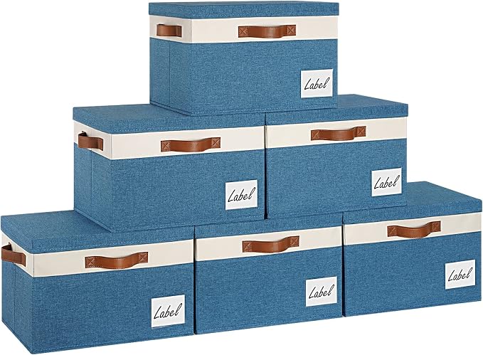 GhvyenntteS Fabric Storage Bins with Lid 6 Pack, Large Decorative Storage Boxes with Lids and Handles, Foldable Fabric Storage Baskets with Lid and Label for Home Office (Blue, 15" x 11" x 9.7") by GhvyenntteS