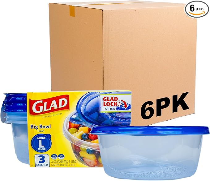 Glad GladWare Big Bowl Food Storage Containers, Large, 48 Oz, 3 Count, 6-Pk | Lock-tight seal for soups, salads, and meal prep in a large round format; microwave and dishwasher safe by GladTrashFoodStorage