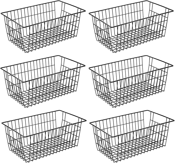 Redrubbit Wire Storage Baskets, Large Farmhouse Metal Freezer Basket Storage Organizer Bins with Handles for Kitchen Cabinets, Pantry, Closets, Bedrooms, Bathrooms, Set of 6, Black by Redrubbit