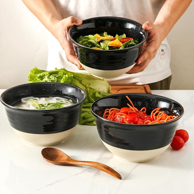 HASENSE Large Ceramic Soup Bowls Set of 4, 40 Oz Gloss Black Beige Stackable Stoneware Bowls, Farmhouse Bowls for Salad, Pasta, Ramen & Pho, Dishwasher & Microwave Safe - Image 5