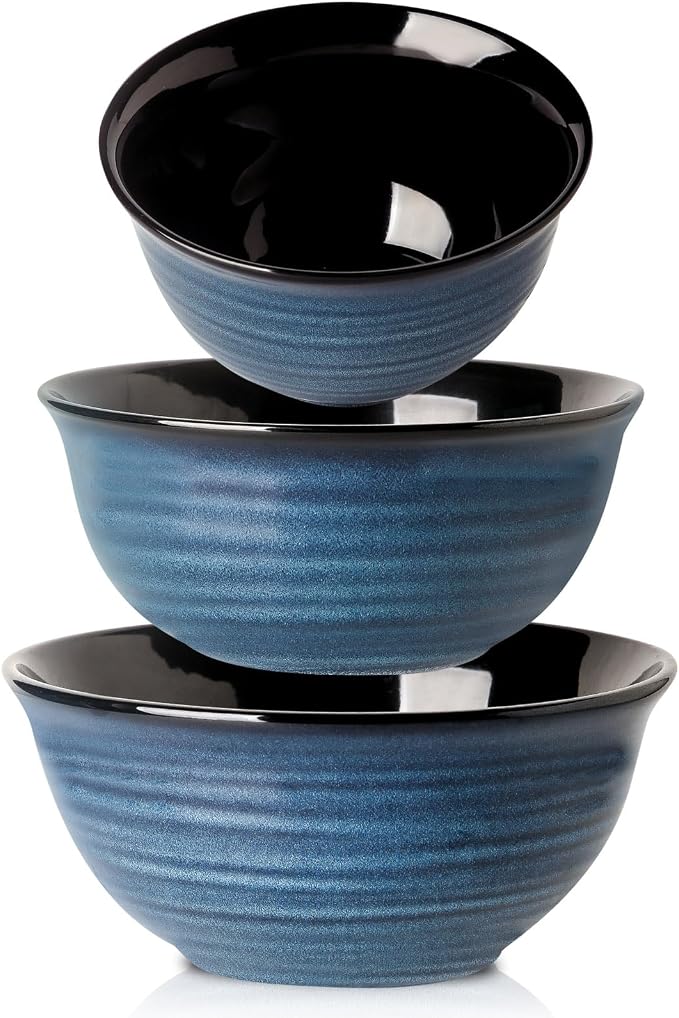 HASENSE Mixing Bowls, Ceramic Serving Bowls Set for Cooking, Baking, Prepping, Large Nesting Bowls for Salads, Fruit, Popcorn, 2.1/1.5/1.0 Qt, Dishwasher & Microwave Safe, Blue by Hasense