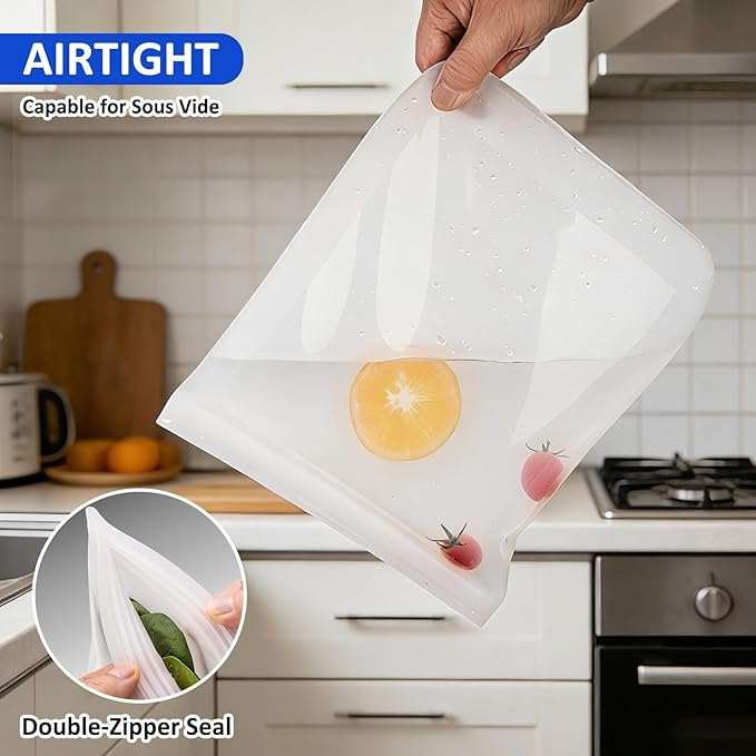 100% Silicone Flat Gallon Freezer Bags, 4 Pack Extra Large Reusable Silicone Ziplock Bags Gallon Size for Freezer, Double Zipper Seal, BPA & Microplastic Free, Freezer Microwave Sous Vide Safe, Clear - Image 5