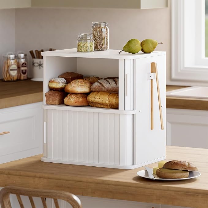 WOWLIVE 2-Tier Roll Top Bread Box for Kitchen Countertop Storage Cabinet | Double Layer Bamboo Bread Boxes with Sliding Doors, Extra Large Bread Storage Cabinet for Loaves & Pastries, White - Image 6