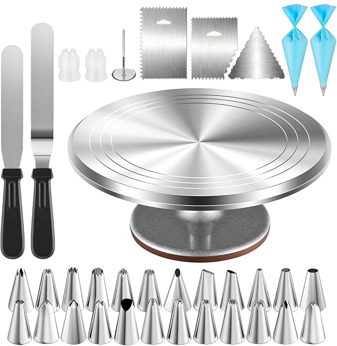 Cake Decorating Kit 35 Pieces - 24 Piping Tips Set with 12 Inch Turntable, Reusable Pastry Bag, Icing Spatula, Scraper, Couplers - Baking Tools for Beginners, Professional Cake Decorating Supplies by DynastyEra
