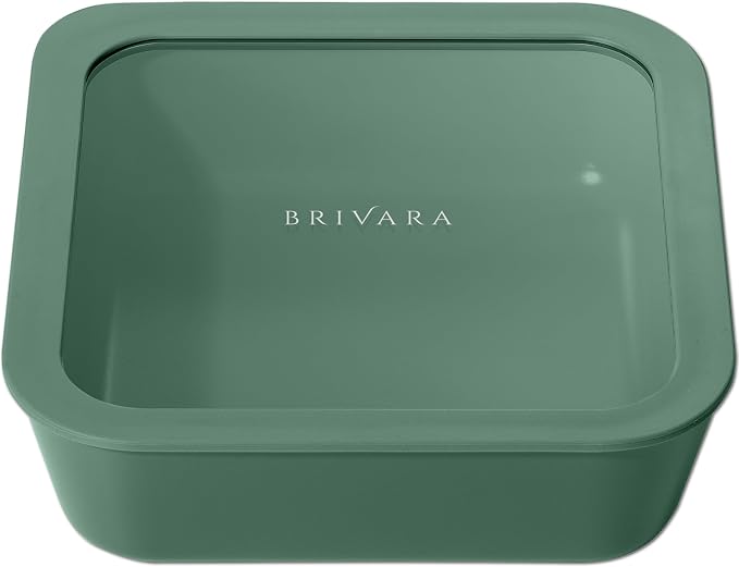 Glass Food Storage Container with Lid, 8-Cup Large Square | Microwave-Safe Airtight Lid, Oven-Safe Ceramic-Coated Glass | Zero Plastic, No PFAS/PFOA/BPA, Reusable [Pine] by BrivaraHome
