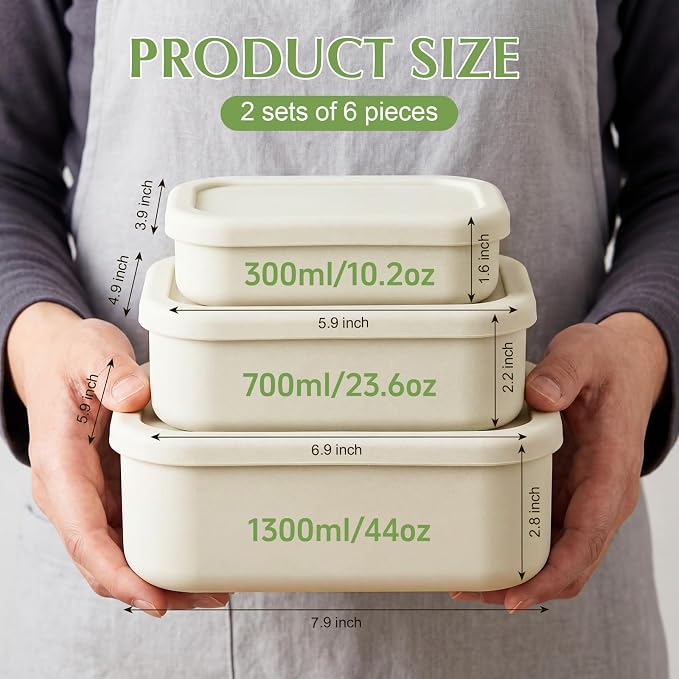2 Sets of 6 Silicone Food Storage Containers, Reusable Lunch Bento Box with Lid, Hard Shell Storage Containers, Microwave Dishwasher Freezer Safe, 10 oz, 23.6 oz, 44 Ounce(Bone White) - Image 2