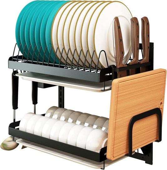Wall Mounted Stainless Steel Dish Drying Rack Fruit Vegetable Storage Basket with Drainboard and Hanging Chopsticks Cage Knife Holder Kitchen Supplies Shelf Utensils Organizer (2-Tier) by Supfirm