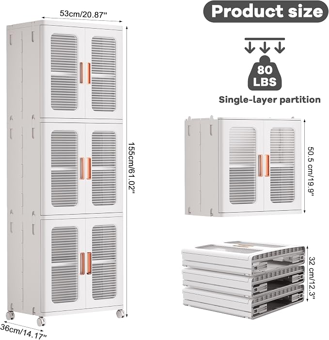 3-Tier Tall Narrow Plastic Storage Cabinet, Foldable | Rolling Organizer with Lid,Doors,Stackable, Adjustable Shelves, Durable PP,Freestanding Bathroom Cabinet for Small Slim Space - Image 2