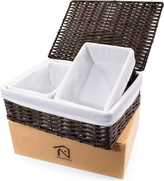WeeNest Baskets for Organizing, Undershelf Wicker Storage, Hand Woven Organizer for Closet Organization, Rectangular Resin with Lid, Set of 3, Walnut Brown by WeeNest