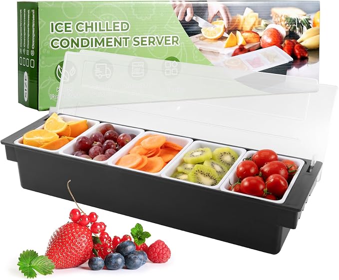 WICHEMI Ice Chilled Condiment Caddy with 5 Removable Trays and Lids | Condiment Container, Taco Bar Serving Tray, Fruit & Garnish Trays Serving Platter for Salad, Party Supplies & Bar Accessories by WICHEMI