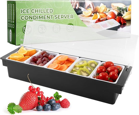 WICHEMI Ice Chilled Condiment Caddy with 5 Removable Trays and Lids | Condiment Container, Taco Bar Serving Tray, Fruit & Garnish Trays Serving Platter for Salad, Party Supplies & Bar Accessories by WICHEMI