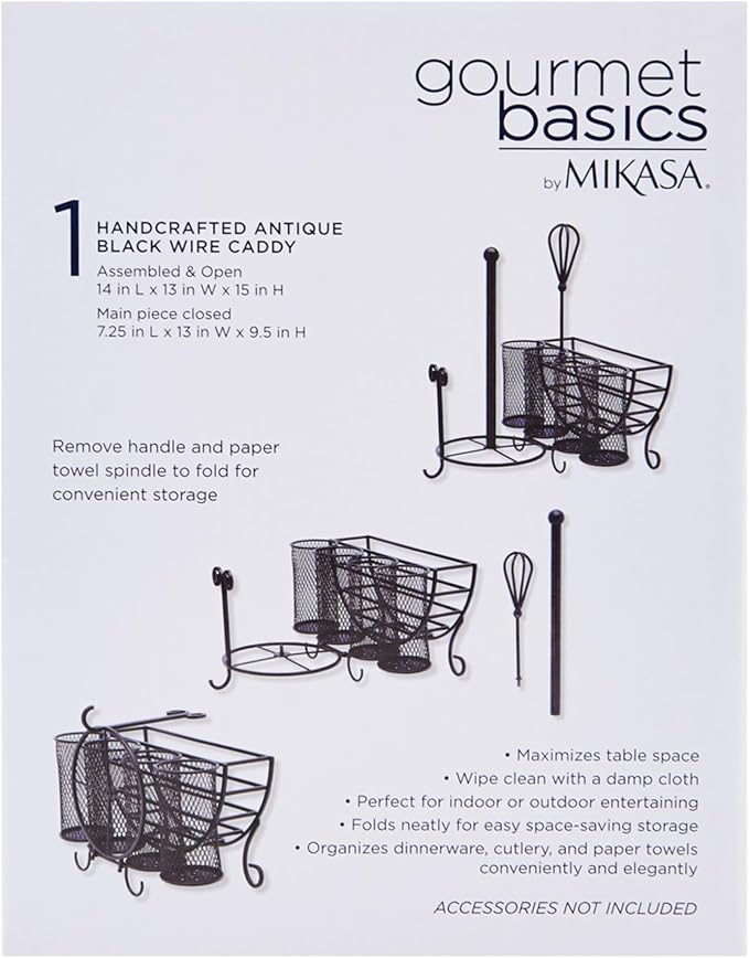 Mikasa Gourmet Basics Avilla Picnic Caddy, Antique Black Finish, Paper Plate Organizer with Flatware Canisters and Paper Towel Spindle, 15 x 14 x 13 in - Image 2