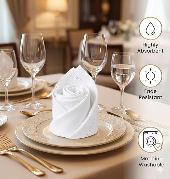 Urban Villa Hemstitch Cloth Dinner Napkins Cotton 20”x20” (Set of 6)-White - Image 2