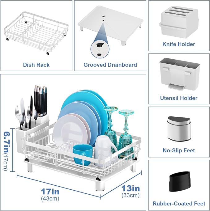 MOUKABAL Dish Drying Rack with Drainboard for Kitchen Counter, White | 13×17 Large Capacity/Rustproof Stainless Steel/Fast Drainage Dish Drainer/Removable Utensil Holder/Kitchen Counter Organizer - Image 4