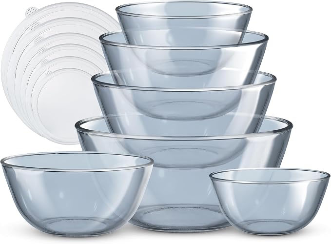 COOK WITH COLOR 12 Pc Glass Mixing Bowl Set with Lids – Borosilicate Glass Nesting Bowls for Cooking, Baking and Meal Prep, Colored Blue by CookwithColor