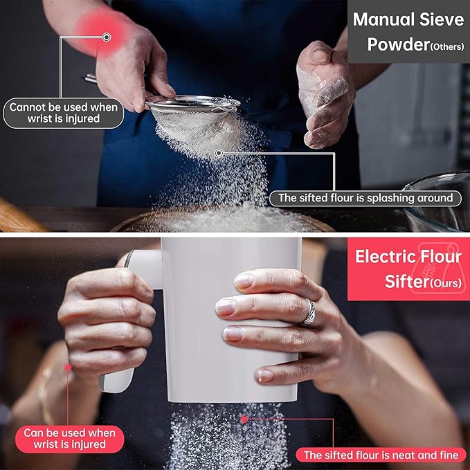 Electric Flour Sifter, Battery Operated Flour Sifter for Baking with Dough Scraper, Ergonomical Handle Flour Sieve for Cooking, 4 Cup Sieve, Pastry Baking, Easy to Clean - Image 3