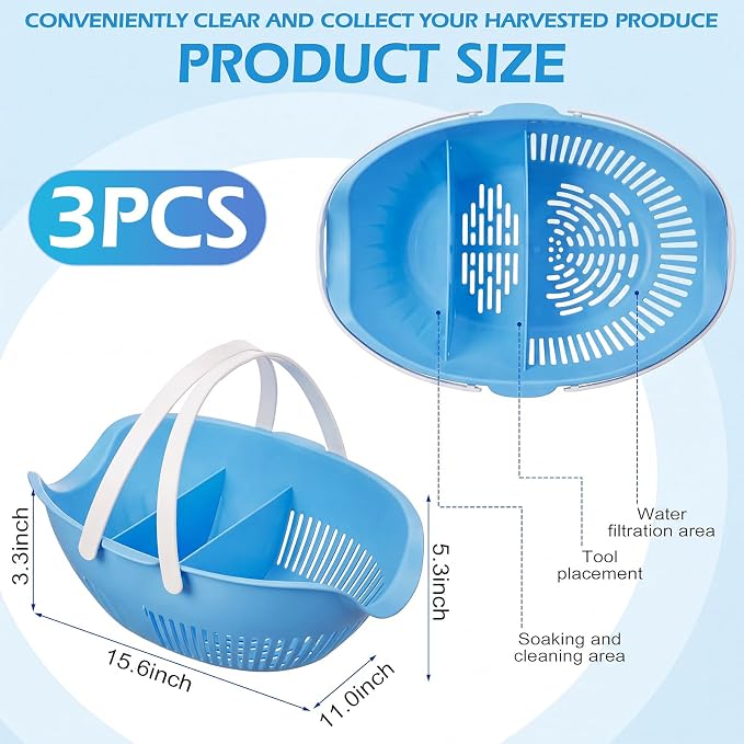 Nuogo 3 Pcs Garden Harvest Basket Removable Partitions with Tool Caddy for Collecting Carrying and Cleaning Harvesting Basket Doubles Colander for Vegetables and Fruits Garden Accessories(Blue) - Image 2