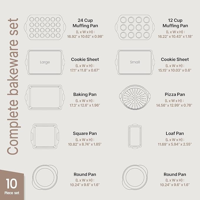 BAKKEN Kitchen Baking Pan Set - Nonstick Coating, Carbon Steel Bakeware Sets with Blue Silicone Handles, Baking Kitchen Essentials, PFOA, PFOS, PTFE Free, Oven Safe Tray (Up To 450° F), Set of 10 - Image 2