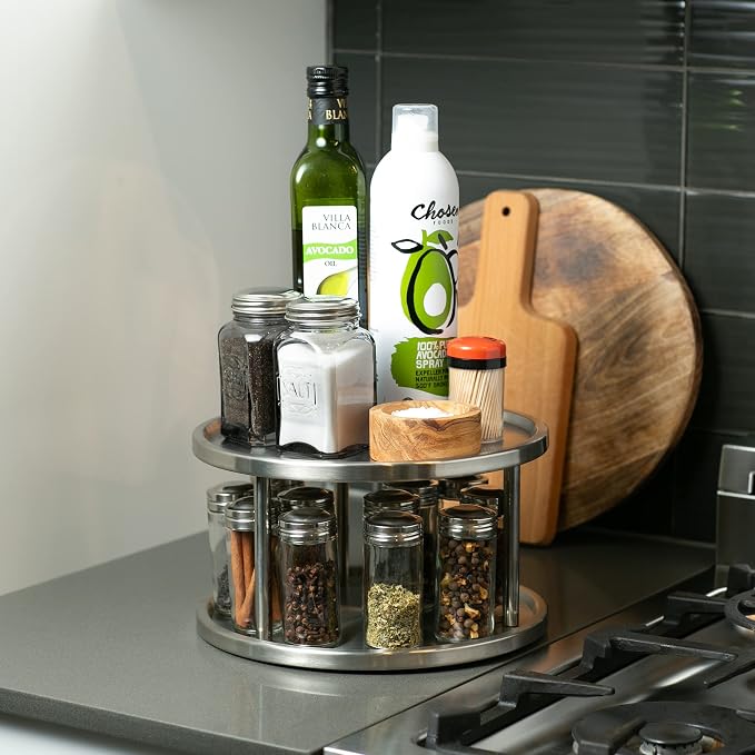 RSVP International Two-Tier Turntable Lazy Susan | Handy in Cabinet, Refrigerators & Counters | Organize Spices, Canned Foods, Pots, Pans, Dinnerware, 10.5" x 6", Stainless Steel - Image 6